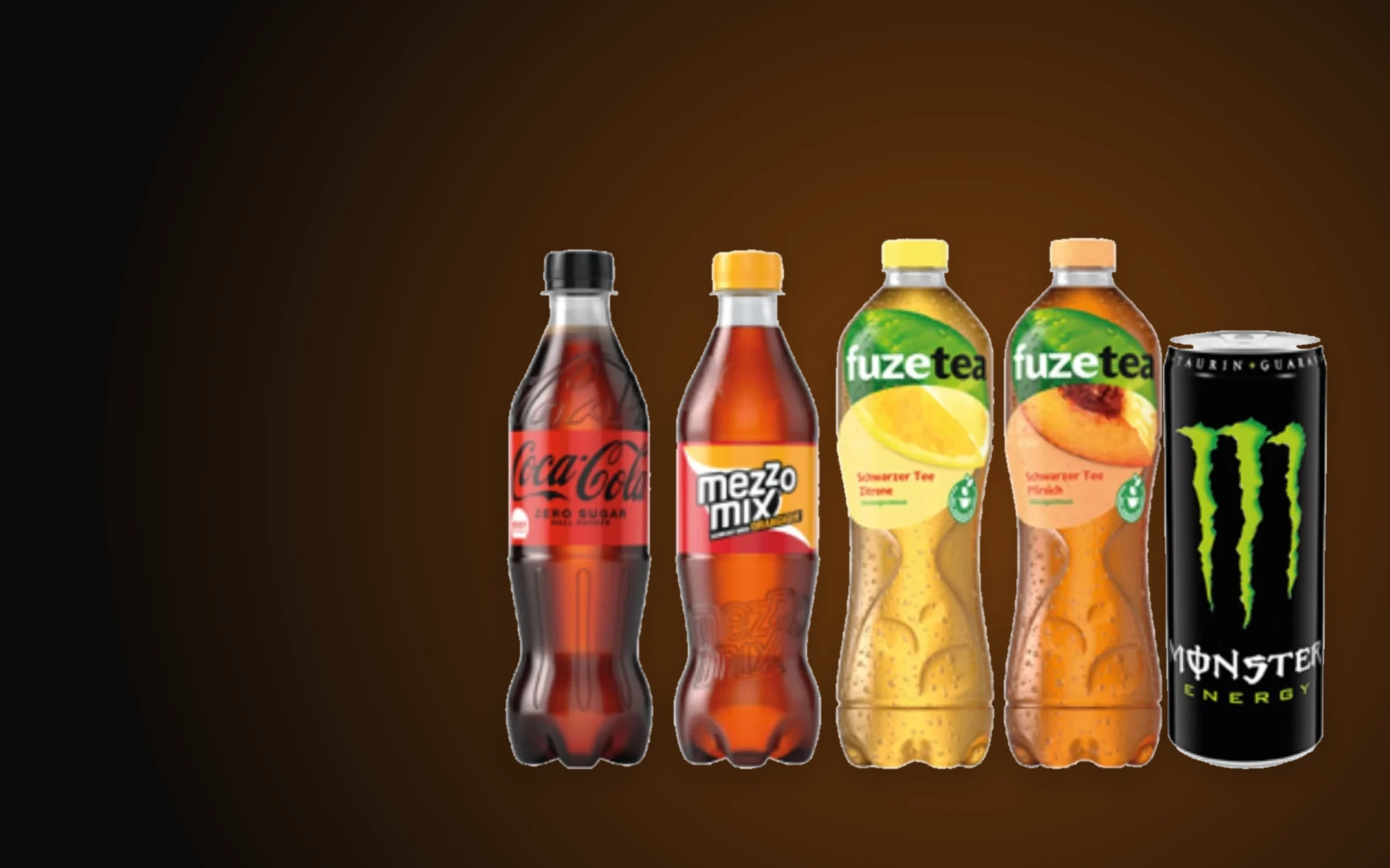 Coca-Cola Zero, Mezzo Mix, Fuze Tea Zitrone und Pfirsich sowie Monster Energy