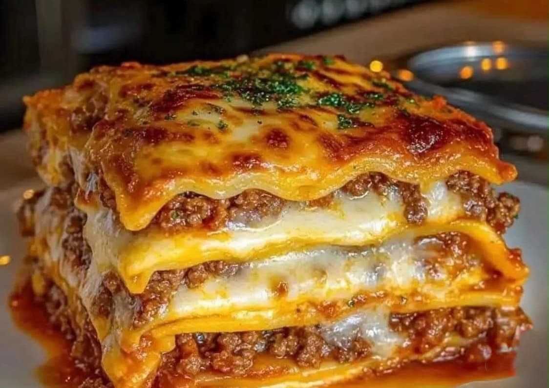 Stück Lasagne mit Hackfleisch und überbackenem Käse