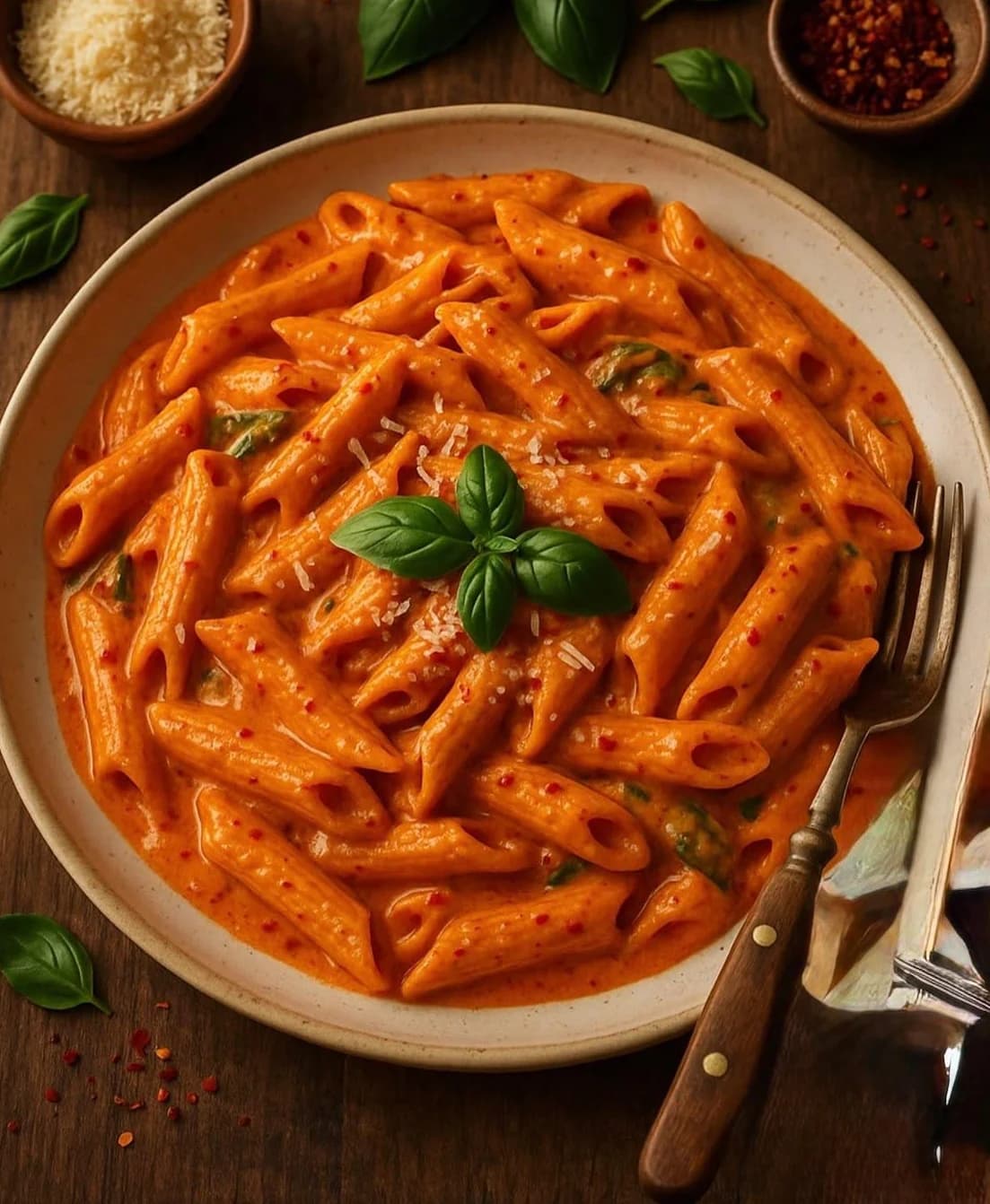 Penne in cremiger Tomatensauce mit Basilikum