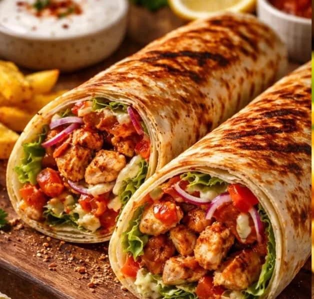 Zwei gegrillte Wraps mit Hähnchen und Gemüse
