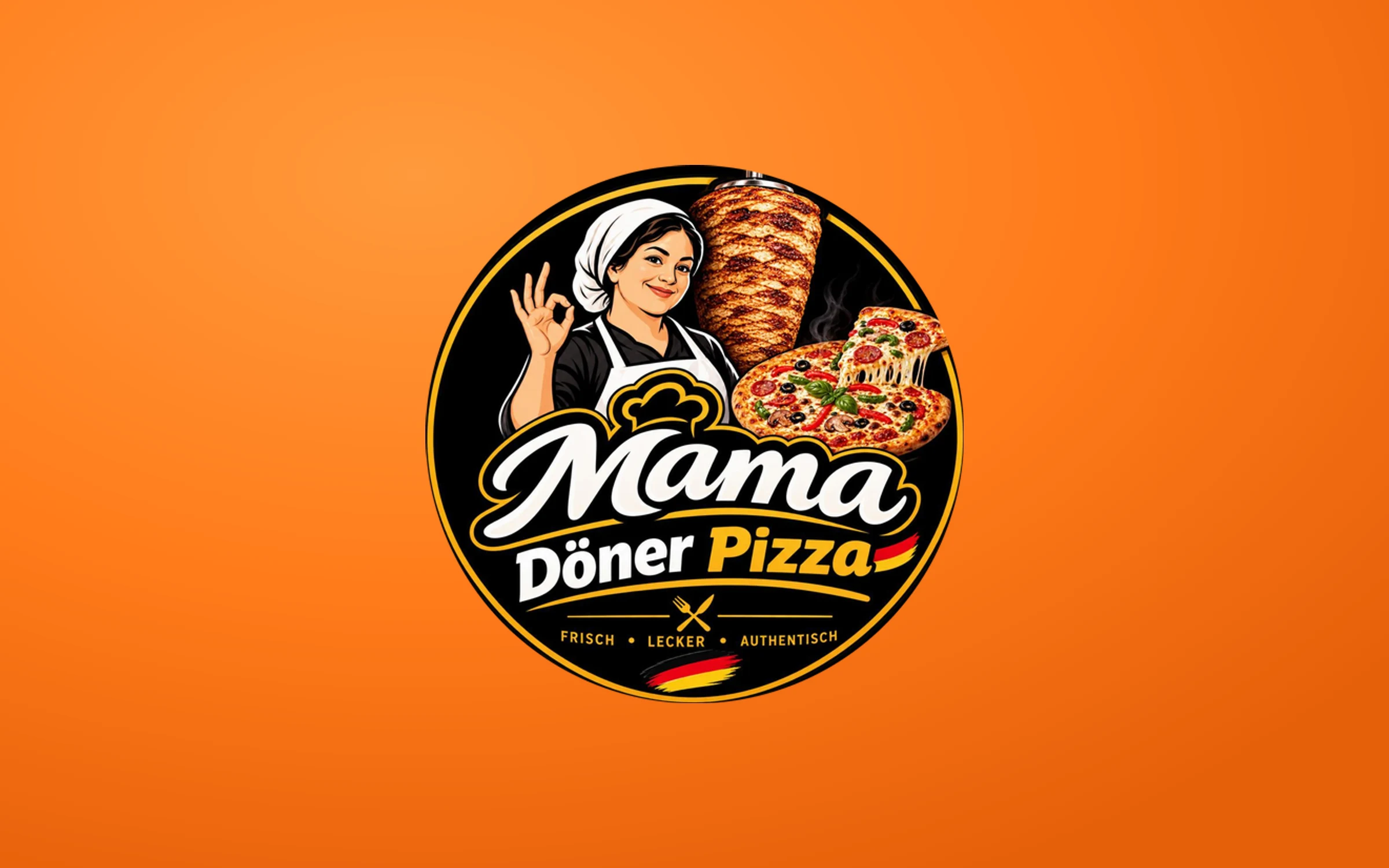 Logo von Mama Döner Pizza auf orangem Hintergrund