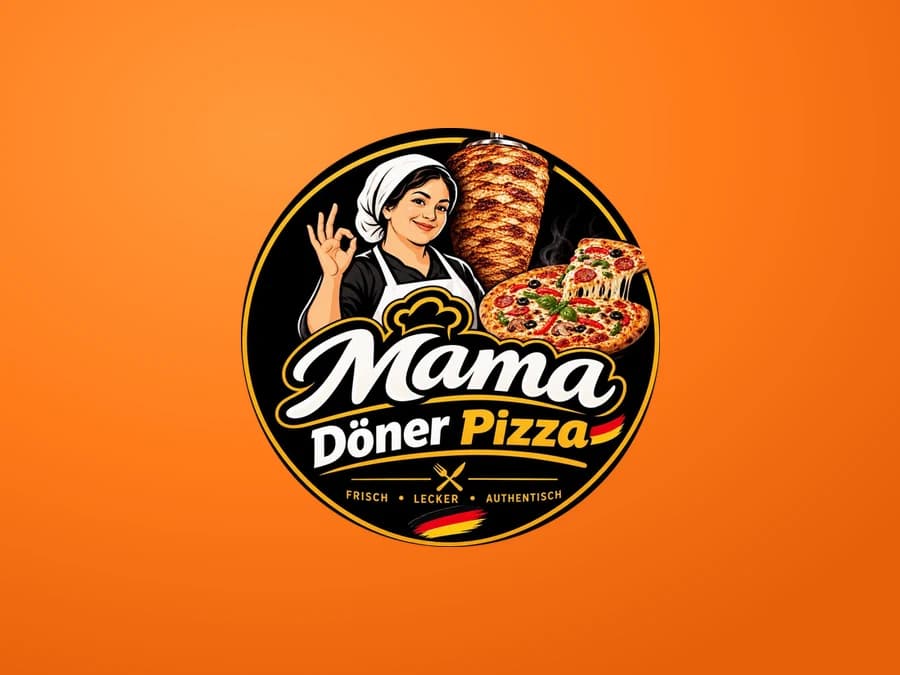 Logo von Mama Döner Pizza auf orangem Hintergrund