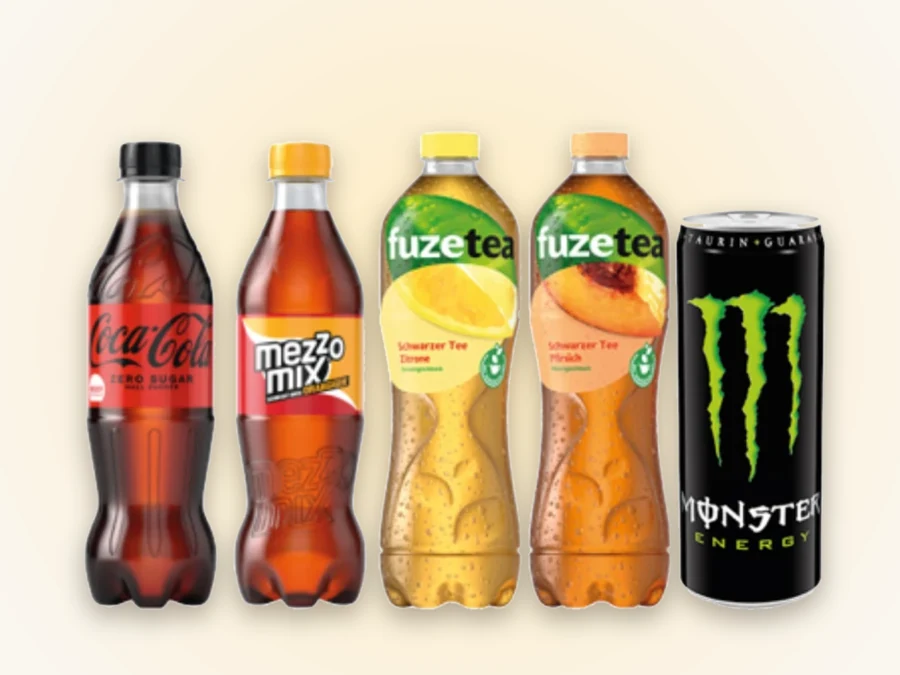Coca-Cola Zero, Mezzo Mix, Fuze Tea Zitrone und Pfirsich sowie Monster Energy